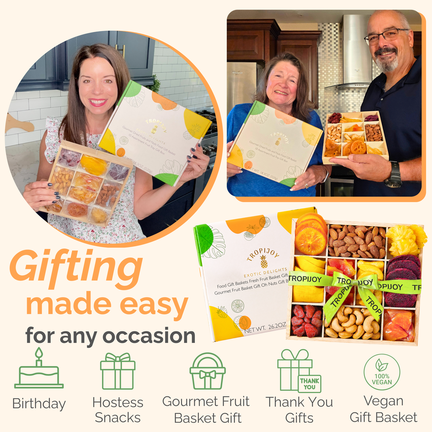 Tropical Fruit & Nut Gift Box | 18oz | 10 Gourmet Treats in a Reusable Wood Tray