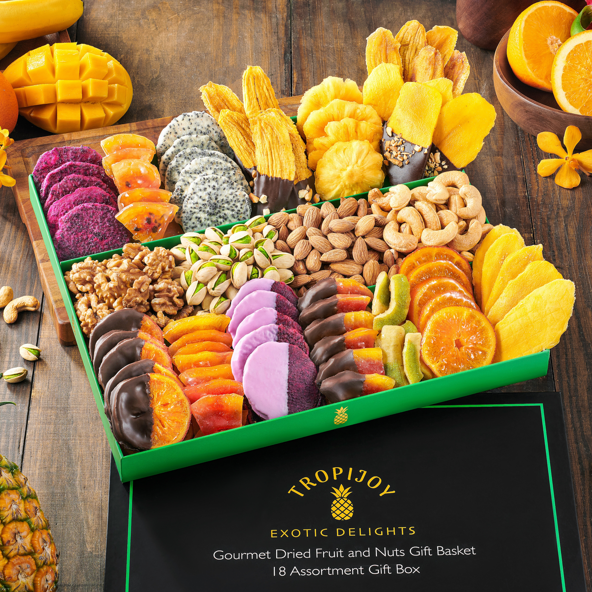 Chocolate Deluxe Dried Fruit & Nut Gift Box  | 37oz | 18 Gourmet Snacks for a Flavorful Escape