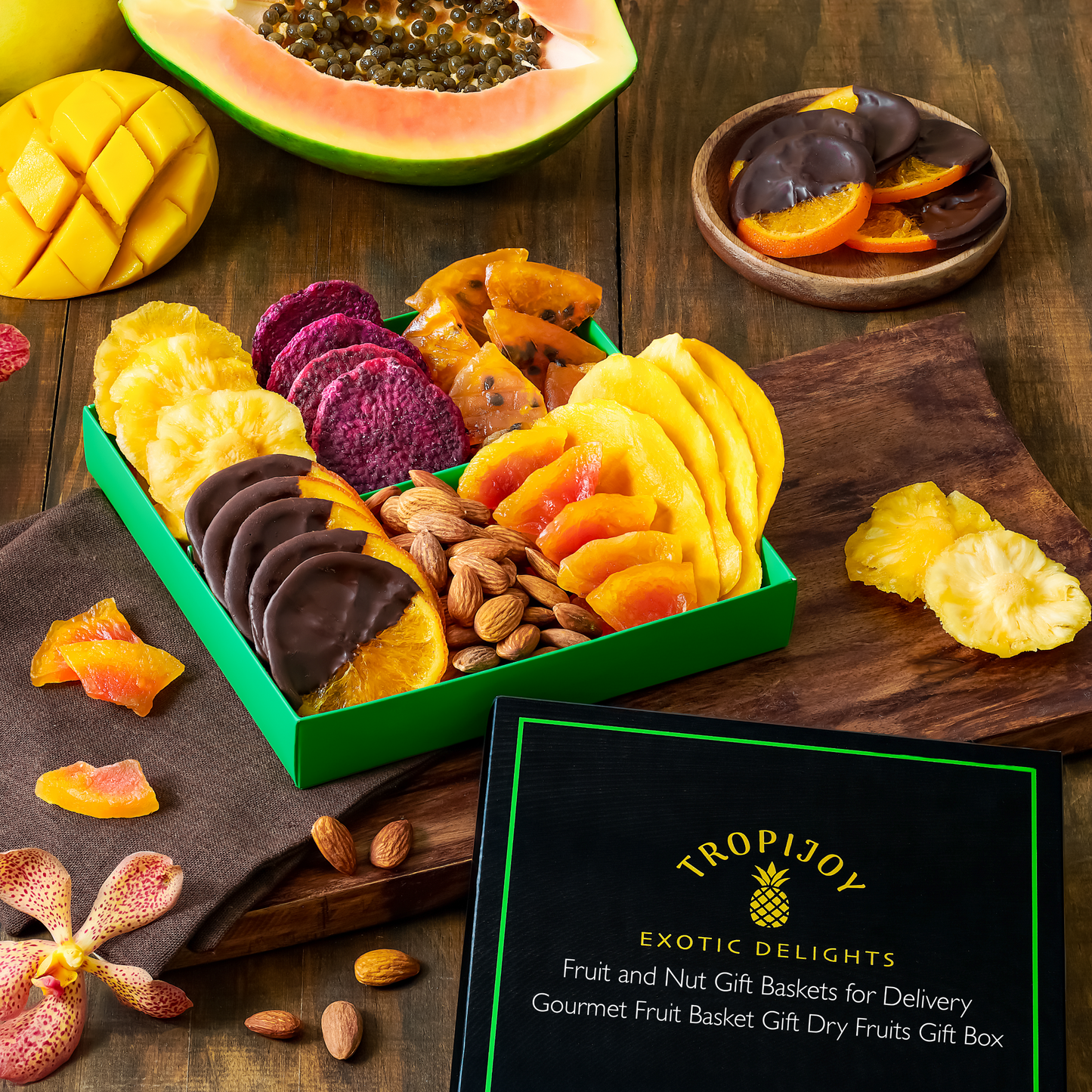 Tropical Dried Fruit & Nut Gift Box featuring Chocolate Orange | 12.5oz | 7 Gourmet Snacks for a Flavorful Escape 🍍