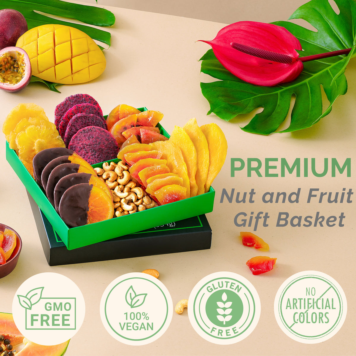 Tropical Dried Fruit & Nut Gift Box featuring Chocolate Orange | 12.5oz | 7 Gourmet Snacks for a Flavorful Escape 🍍