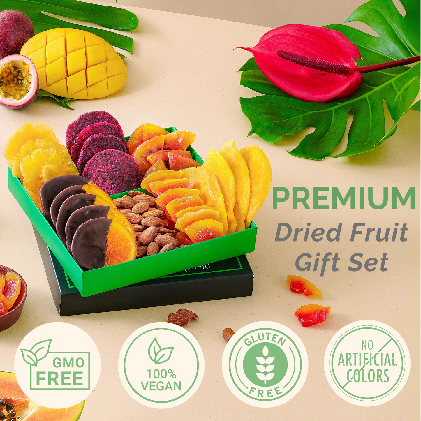 Tropical Dried Fruit & Nut Gift Box featuring Chocolate Orange | 12.5oz | 7 Gourmet Snacks for a Flavorful Escape 🍍