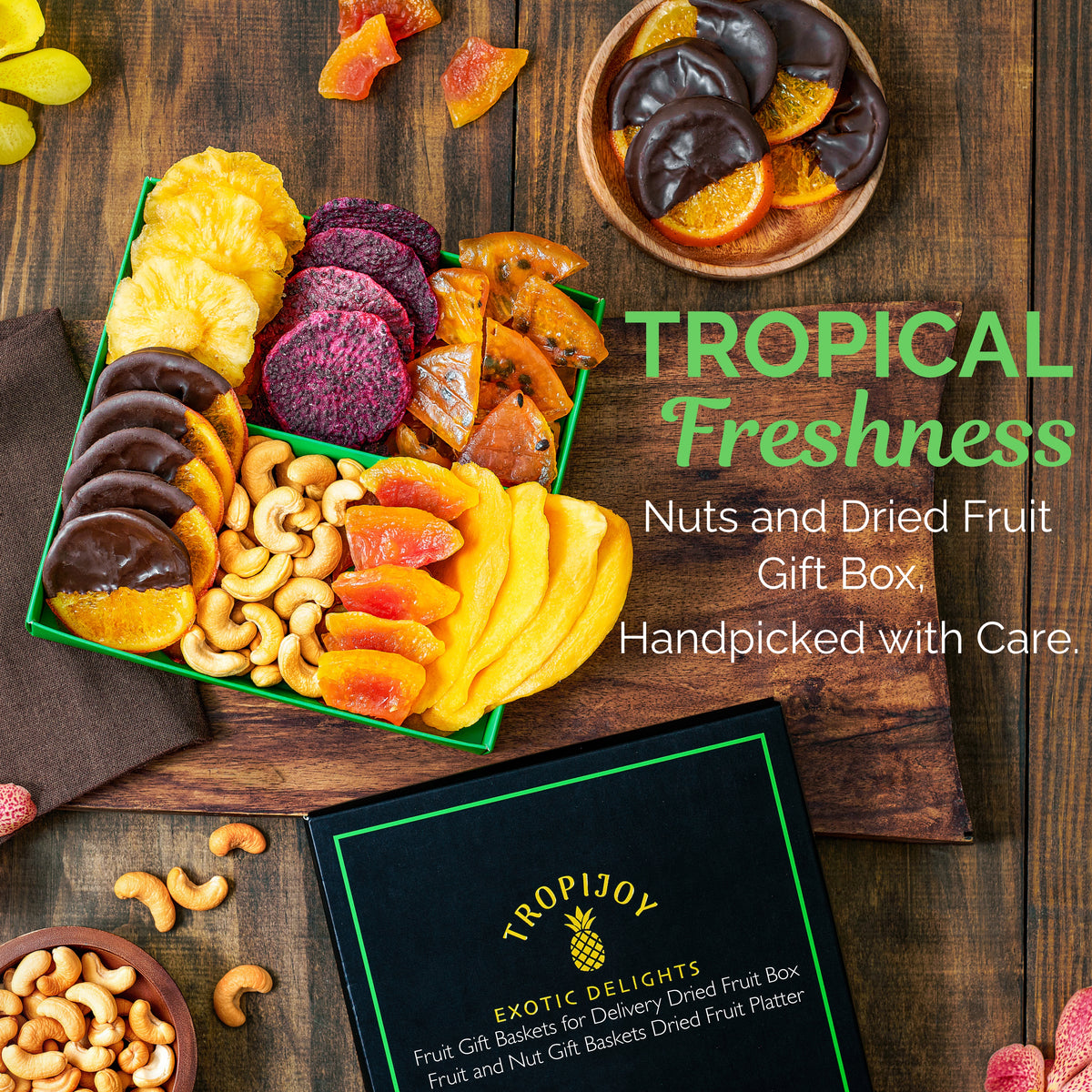 Tropical Dried Fruit & Nut Gift Box featuring Chocolate Orange | 12.5oz | 7 Gourmet Snacks for a Flavorful Escape 🍍