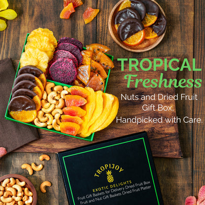 Tropical Dried Fruit & Nut Gift Box featuring Chocolate Orange | 12.5oz | 7 Gourmet Snacks for a Flavorful Escape 🍍