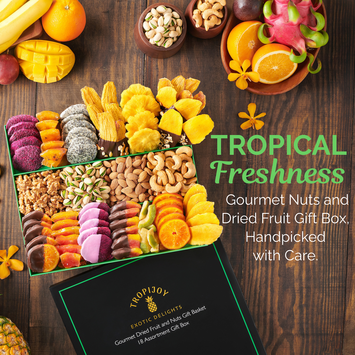 Chocolate Deluxe Dried Fruit & Nut Gift Box  | 37oz | 18 Gourmet Snacks for a Flavorful Escape
