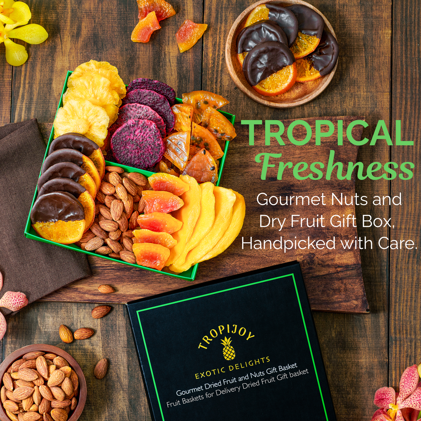 Tropical Dried Fruit & Nut Gift Box featuring Chocolate Orange | 12.5oz | 7 Gourmet Snacks for a Flavorful Escape 🍍