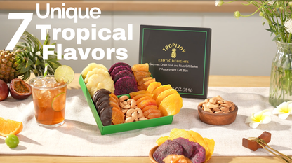 Tropical Dried Fruit & Nut Gift Box featuring Chocolate Orange | 12.5oz | 7 Gourmet Snacks for a Flavorful Escape 🍍